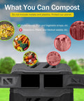 43 Gallon Outdoor Dual Chamber Tumbling Compost Bin With Two Sliding Doors And 360 Degree Rotation For Kitchen Garden And Yard Waste BPA Free Black Durable, showing compostable items and prohibited items.