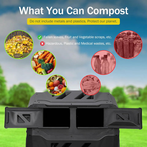 43 Gallon Outdoor Dual Chamber Tumbling Compost Bin With Two Sliding Doors And 360 Degree Rotation For Kitchen Garden And Yard Waste BPA Free Black Durable, showing compostable items and prohibited items.