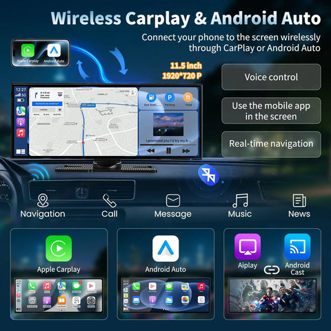 Huge 11.5 Inch Wireless CarPlay Screen With Android Auto All In One Car Stereo Touchscreen displaying navigation map