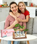 Mother and child with Terrarium Plant Display With Wooden Stand And Glass Bulb Vases, tabletop decor.