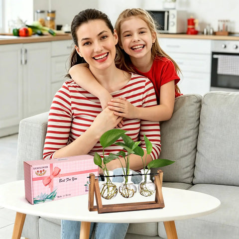 Mother and child with Terrarium Plant Display With Wooden Stand And Glass Bulb Vases, tabletop decor.