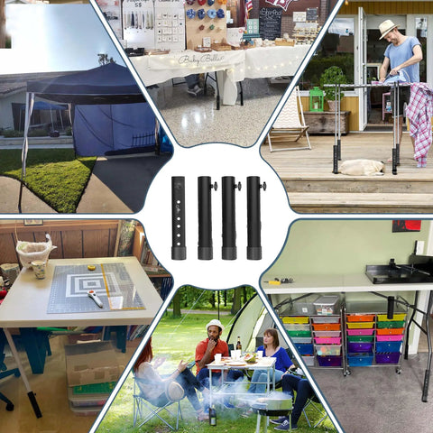 Premium Heavy Duty Folding Table Leg Extenders Six Adjustable Height Risers Provide No Sweat Setup for various workshop settings.