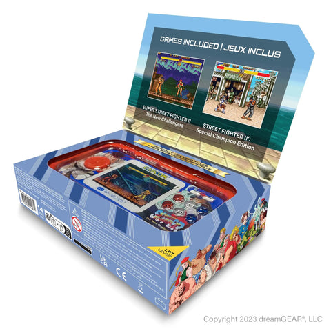 Street Fighter II Pocket Player Pro Handheld Console 2 In 1 Capcom Licensed Classics For Retro Gaming Fans package with games display