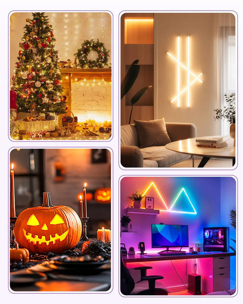Collage of LED strip light projects: decorated Christmas mantel, modern wall design, Halloween pumpkin, colorful gaming setup.