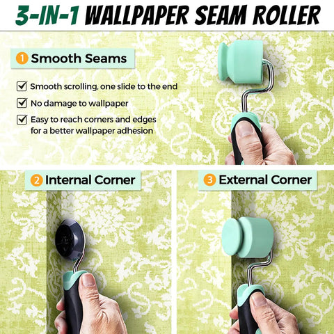 Hands using Pro Gear Wallpaper Tools Kit With Seam Roller For Flat And Corner Edges on patterned surface demonstrating internal and external corner usage.