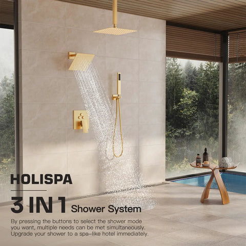 Legit Top Shelf Gold Shower System With Heavy Duty All Metal Dual Rainfall Ceiling And Wall Mount Handheld Sprayer Featuring Quick Push Button Diverter Valve For Solid Fresh Bathroom Refresh Project Upgrade
