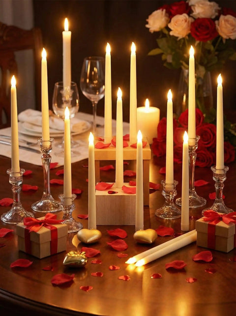 Flameless LED Taper Candles Bulk 48 Pack Battery Operated Realistic Flicker for Wedding Church Graduation Party Home Decor Ivory Classic Style Fits Standard Holders Requires Two AAA Batteries Not Included on table with rose petals and decorations.