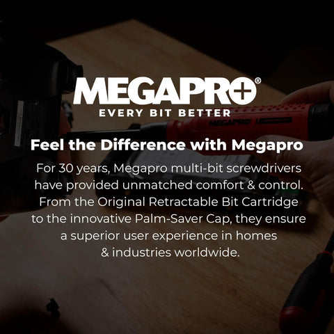 Person holding Megapro screwdriver with red handle, showcasing comfort and control in use.