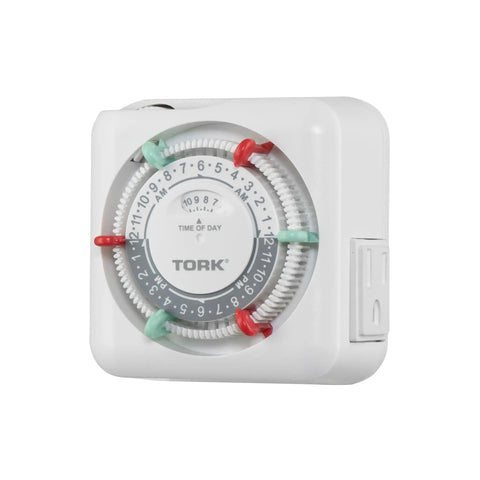 Heavy Duty Indoor Mechanical Appliance Timer With Dual Receptacles Boasts 15 Amp Rating Plus Set It And Forget It Programming For Lamps And Small Household Items, white clock dial.