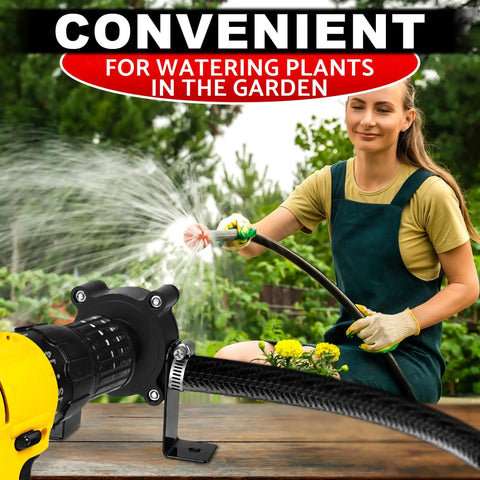Person using a Portable Electric Drill Powered Water Transfer Pump for Self Priming Liquid Transfer From Pools Rain Barrels And Garden Watering