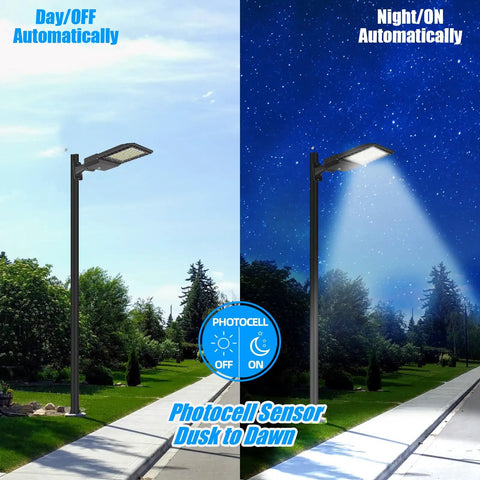 300W LED Parking Lot Light Shoebox With Dusk To Dawn Photocell, 5000K Daylight illuminating at night and off during the day