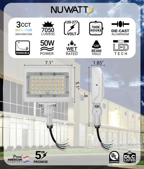 Heavy Duty 50W LED Flood Light With 3CCT 3000K 4000K 5000K IP65 Waterproof Outdoor Security Floodlight 7050LM shown with dimensions