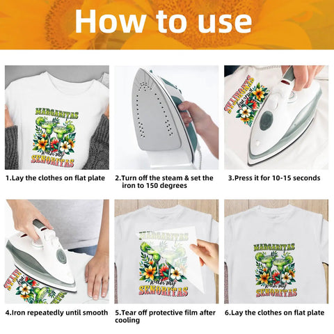 How to use Cinco De Mayo Iron On Transfers Pack For T Shirts And DIY Crafts 10 Sheets DTF Transfers on white tee with iron