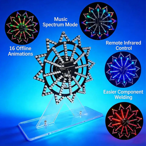 7 Color Ferris Wheel Soldering Practice Kit Rotating LED Electronics DIY Project in action with color modes and features displayed