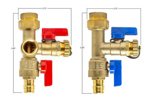 Expansion PEX A Tankless Water Heater Isolation Valve Kit With Pressure Relief Valve Three Quarter Inch FNPT To Expansion PEX A Service Valve For Rheem Rinai Navien DIY Friendly Easy Install Brass