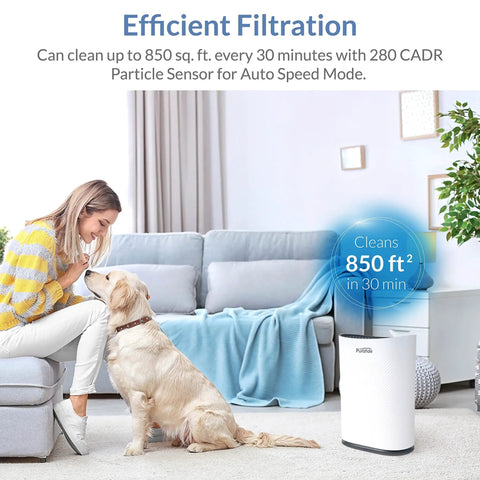 HEPA Air Purifier For Up To 1700 Sq Ft With 3 Stage Filtration and Medical Grade H13 Filter next to woman and dog in living room