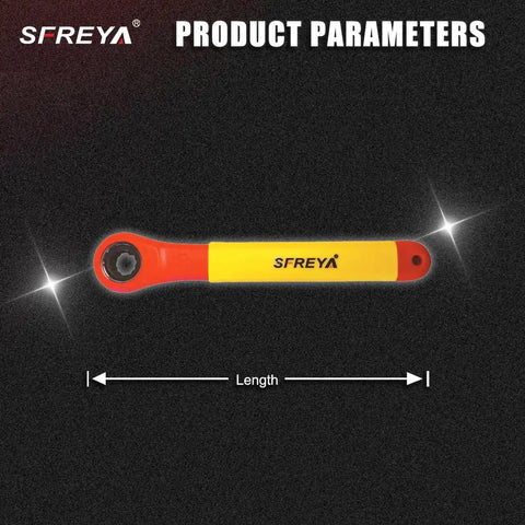 Straight Shooter VDE 1000V Insulated Ratchet Wrench Kit 10 To 19mm Metric Sizes Crafted From Tough 50CRV Steel With Solid Grip Handles That Delivers Smooth Ratcheting Action Daily showing a red and yellow insulated ratchet.