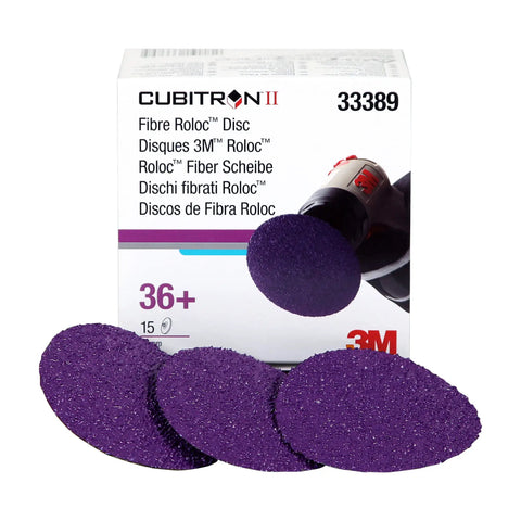 Cubitron II Roloc Fiber Disc 3 Inch 36 Plus Grit 15 Pack High Performance Pro Grade Fast Cutting Long Lasting next to packaging