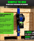 Self Retracting Tie Down Straps Heavy Duty Cargo Ratchet Harness Truck Bed Hauling Gear visible on wooden crate, showing use and instructions.