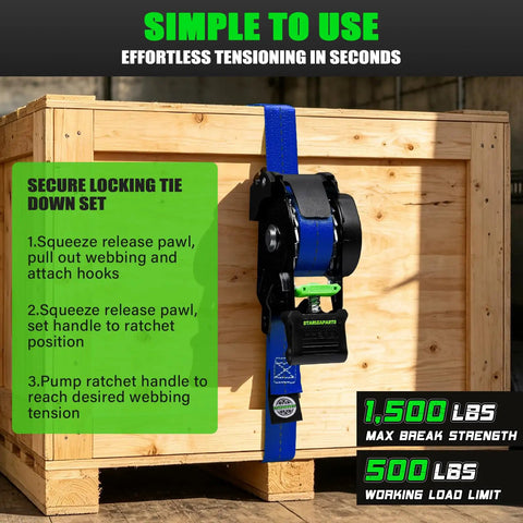 Self Retracting Tie Down Straps Heavy Duty Cargo Ratchet Harness Truck Bed Hauling Gear visible on wooden crate, showing use and instructions.