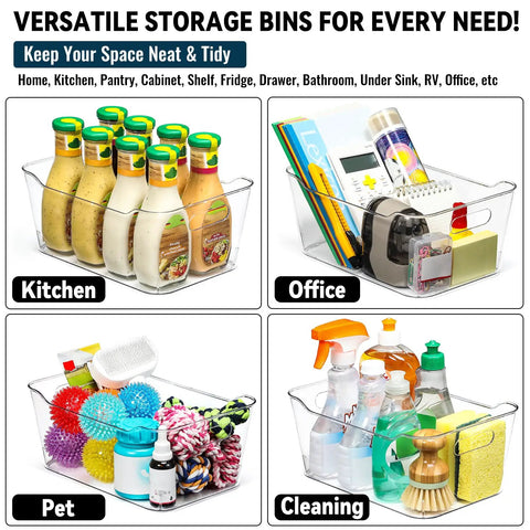 Straight Up Kitchen Pantry Game Changer This Twelve Pack Of Clear Plastic Storage Bins And Bold Black Labels shown in kitchen, office, pet, and cleaning use.