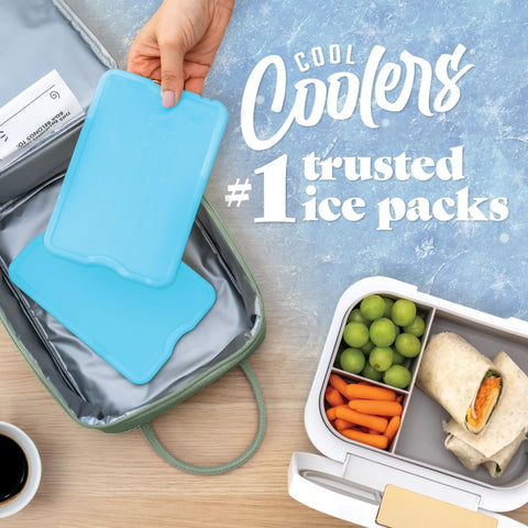 Hand placing XL Slim Ice Packs For Lunch Boxes And Coolers Quick Freeze Reusable Ice Packs in cooler next to lunchbox, blue pack of four