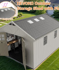 10x12 Ft Resin Outdoor Storage Shed with Floor, windows, and lockable door on lawn, showcasing built-in workspace.