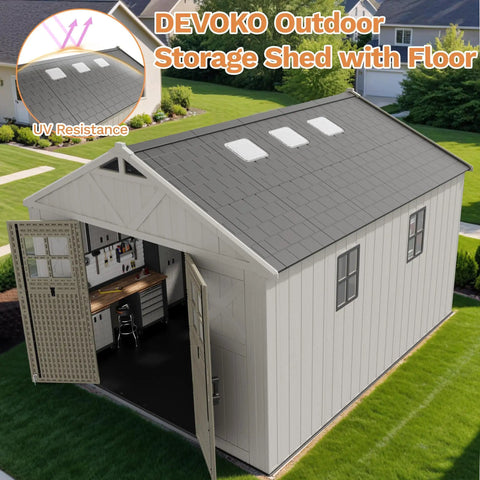 10x12 Ft Resin Outdoor Storage Shed with Floor, windows, and lockable door on lawn, showcasing built-in workspace.