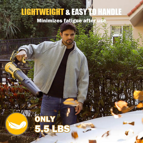 Man using Cordless Leaf Blower With Two 4.0Ah Batteries And Charger, 560 CFM Airflow And 180 MPH Wind for yard cleanup