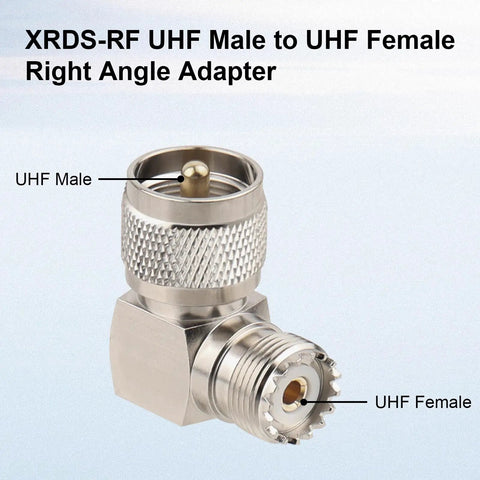 Right Angle UHF Male to Female Adapter Set 2 Pack for CB and Ham Rigs, 90 Degree PL259 to SO239 RF Coax Connectors close-up