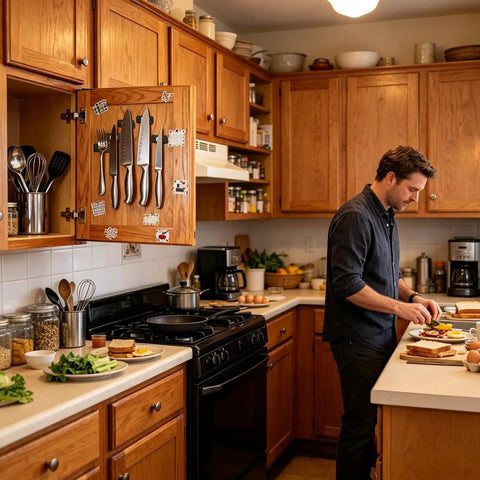 Man preparing food in kitchen with magnetic knife holder, illustrating Six Pack Magnetic Cabinet Locks Self Adhesive For Quiet No Noise Furniture Closure Flush Mount Design Keeps Cabinets And Drawers Closed Kid Safe Easy To Install Heavy Duty Magnetic Hold For Home Kitchen And Office applications.