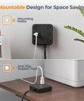 Heavy Duty Surge Protector Power Strip With An Incredibly Flat Plug 5 Foot Extension Cord In Black, showing mountable design and rubber feet.