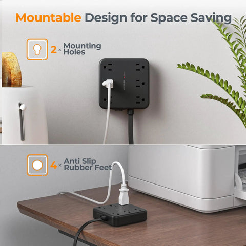 Heavy Duty Surge Protector Power Strip With An Incredibly Flat Plug 5 Foot Extension Cord In Black, showing mountable design and rubber feet.