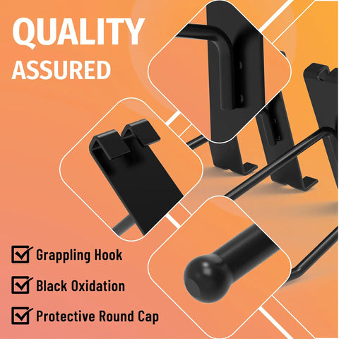 Close-up of 32 Pack Black Gridwall Hooks showcasing grappling hook design, black oxidation finish, and round cap features.