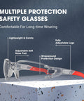 Tough As Nails Clear Safety Glasses Featuring Scratch Resistant Lenses And ANSI Z87 Certification For Heavy Workshop Labor with adjustable red legs.