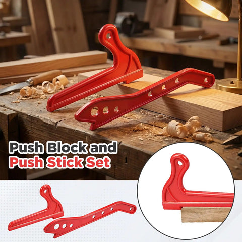 2 Piece Table Saw Push Block And Push Stick Set For Woodworking Safety With Ergonomic Handles displayed on workbench