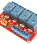 4 Channel Relay Module with Optocoupler Isolation and High Low Level Trigger, Compatible with 5V 12V 24V, mounted on red PCB.
