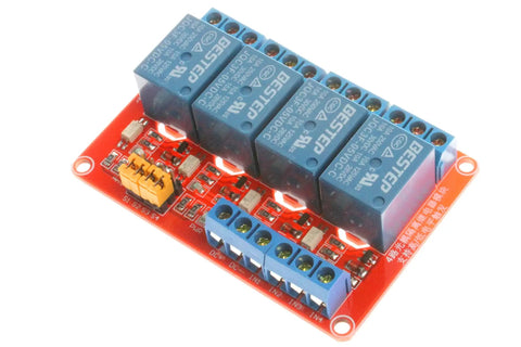 4 Channel Relay Module with Optocoupler Isolation and High Low Level Trigger, Compatible with 5V 12V 24V, mounted on red PCB.