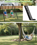 Beefed-Up Heavy Duty Porch Swing Stand With Adjustable Height, Powder Coated A-Frame Steel, supports swing on lawn under tree.