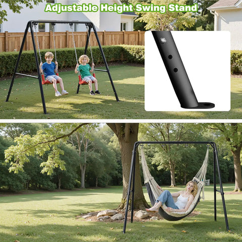 Beefed-Up Heavy Duty Porch Swing Stand With Adjustable Height, Powder Coated A-Frame Steel, supports swing on lawn under tree.