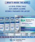 Front view: Quanta Nova Reconstitution Solution, four 10 mL sterile glass vials with blue caps.