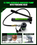 15-ton hydraulic knockout punch pump with punching head, showing material compatibility for steel, aluminum, and copper.