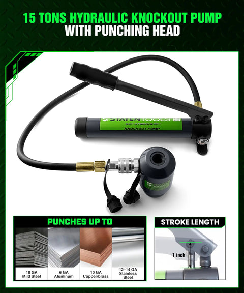 15-ton hydraulic knockout punch pump with punching head, showing material compatibility for steel, aluminum, and copper.