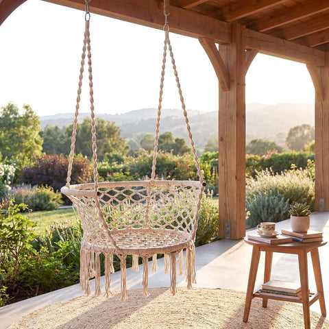 Beige Macrame Hammock Chair With 350 Pound Capacity Handwoven Tassels Boho Hanging Chair For Indoor And Outdoor Living Spaces Cozy