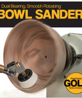 Front view of Peachtree Gold bowl sander with hardwood handle in action on a wood lathe smoothing a wooden bowl.