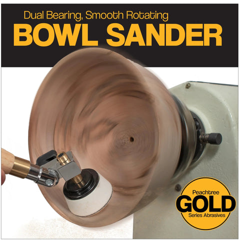 Front view of Peachtree Gold bowl sander with hardwood handle in action on a wood lathe smoothing a wooden bowl.