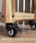 Close-up of caster wheels on Acacia Wood Patio Cooler Made For Backyard Parties And Yard Barbecues, 100 Qt Capacity Ice Chest