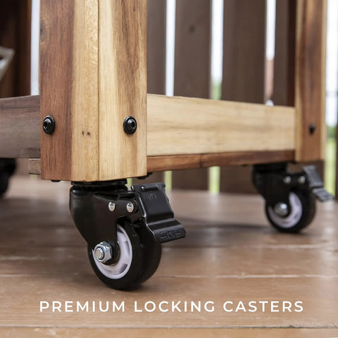 Close-up of caster wheels on Acacia Wood Patio Cooler Made For Backyard Parties And Yard Barbecues, 100 Qt Capacity Ice Chest