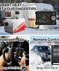 Kick The Freezer Chill With This 8KW Diesel Parking Heater Featuring Dual Voltage Hookups And Smart Display Remote Control Easy Bluetooth App Tuning For Campers Trucks Trailers Garages Or Shops Make Winter Cozy Again. Image showing heater with remote control and Bluetooth app in snowy setting.