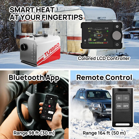 Kick The Freezer Chill With This 8KW Diesel Parking Heater Featuring Dual Voltage Hookups And Smart Display Remote Control Easy Bluetooth App Tuning For Campers Trucks Trailers Garages Or Shops Make Winter Cozy Again. Image showing heater with remote control and Bluetooth app in snowy setting.